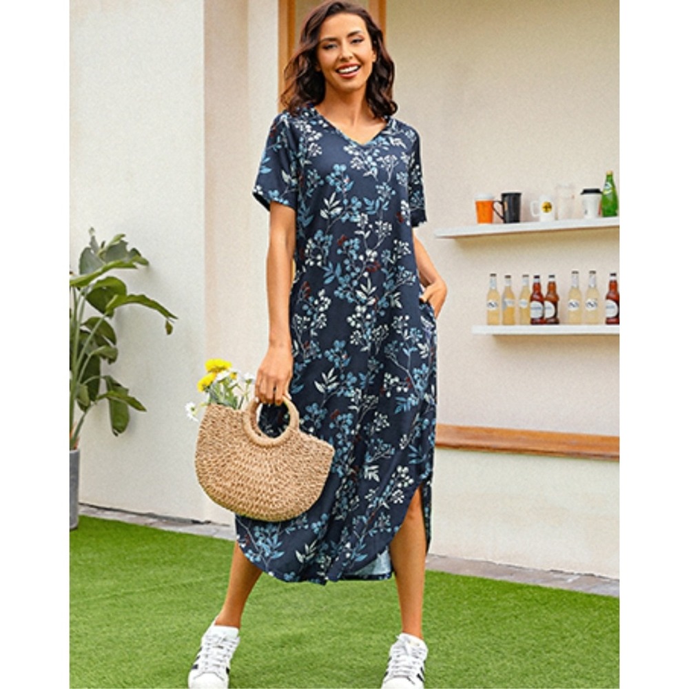Floral Print Long Nightgown V-Neck Short Sleeve Casual Summer Navy Size XL NWTโ